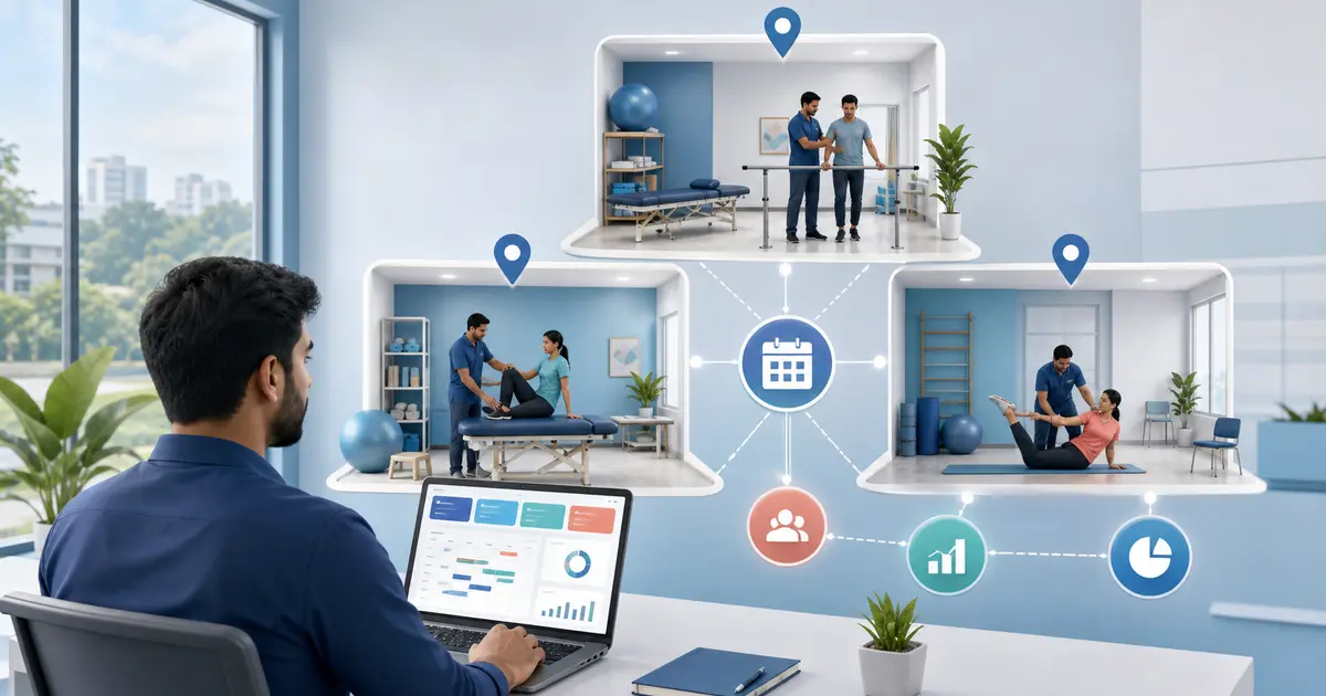 Multi-Branch Physiotherapy Center Management workflow illustration for a Bangladesh physiotherapy center