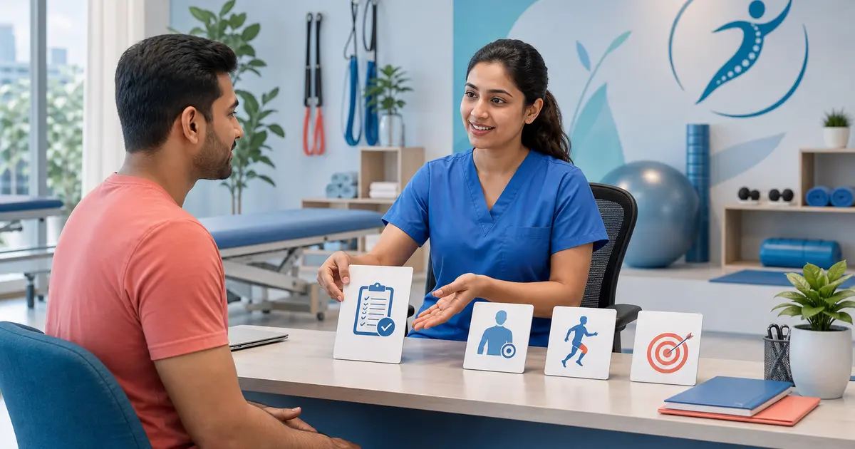 Physiotherapy Patient Assessment and Intake Workflow workflow illustration for a Bangladesh physiotherapy center