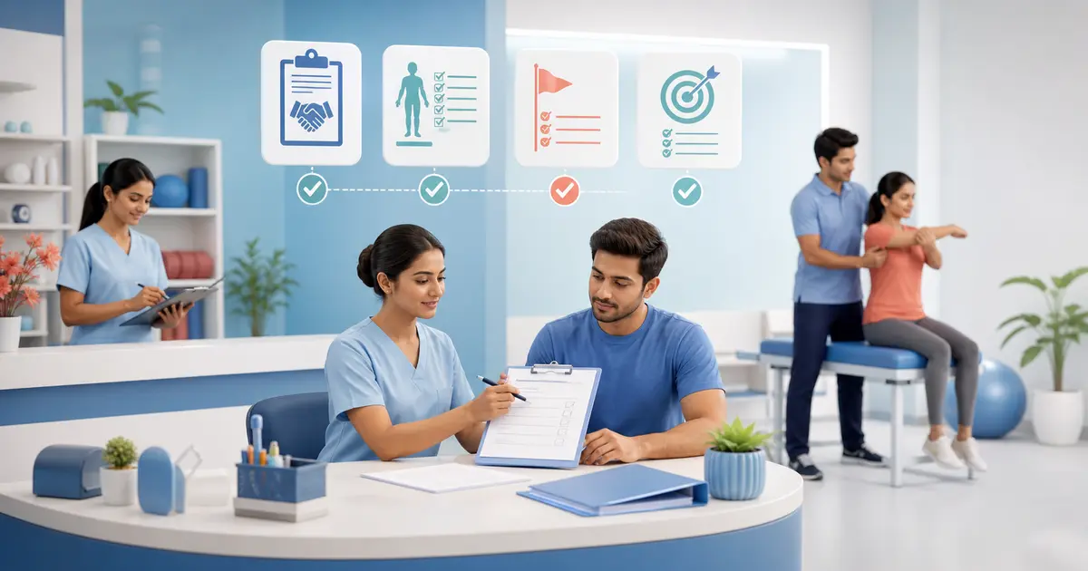 Physiotherapy Consent and Intake Record Checklist workflow illustration for a Bangladesh physiotherapy center